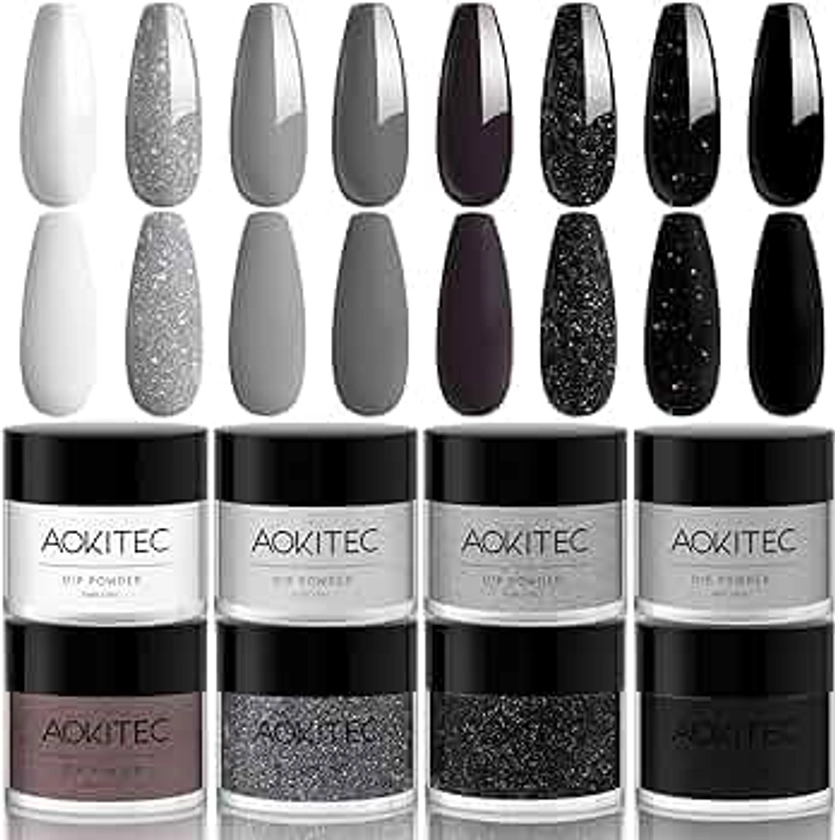 Aokitec 8 Colors Dip Powder Nail Set, Gray Classic White Black Collection Glitter Pastel Dipping Powder Manicure Starter Kit Nails French Nail Art Salon Home DIY Ideal Gifts for Women