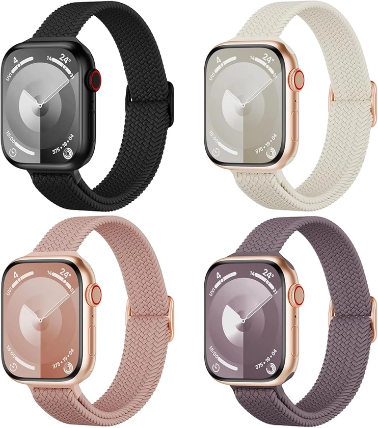 4 Pack Slim Braided Stretchy Bands Compatible with Apple Watch Band 38mm 42mm 40mm 44mm 41mm 45mm 46mm 49mm Women Men, Solo Loop Nylon Thin Strap for iWatch Series 10 9 8 7 SE 6 5 4 3 2 1 Ultra