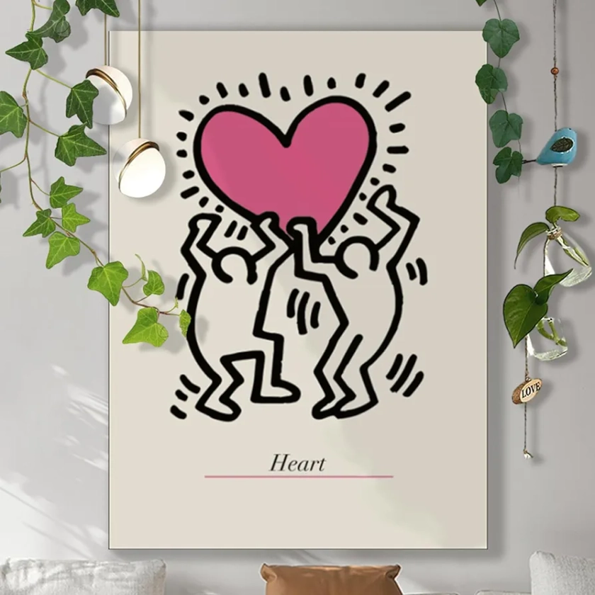 Funny People Tapestry Wall Art, Boho Cute Heart Tapestries Wall Hanging, Abstract Vertical Dancing Poster, Hippie Pink Anime Wall Tapestry for Bedroom Dorm Decor 24in X 36in