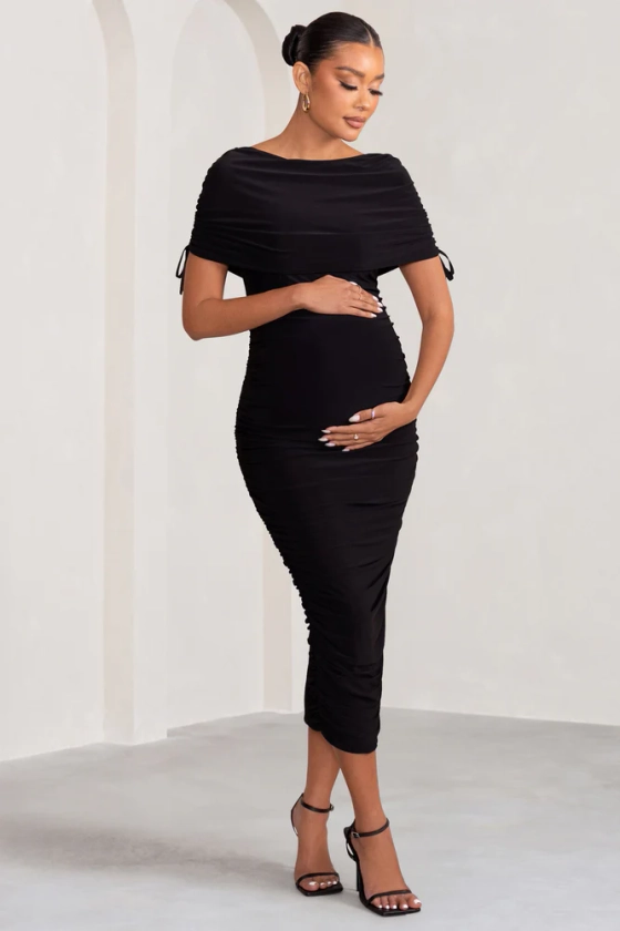 Roxanne | Black Ruched Bardot Maternity Midi Dress