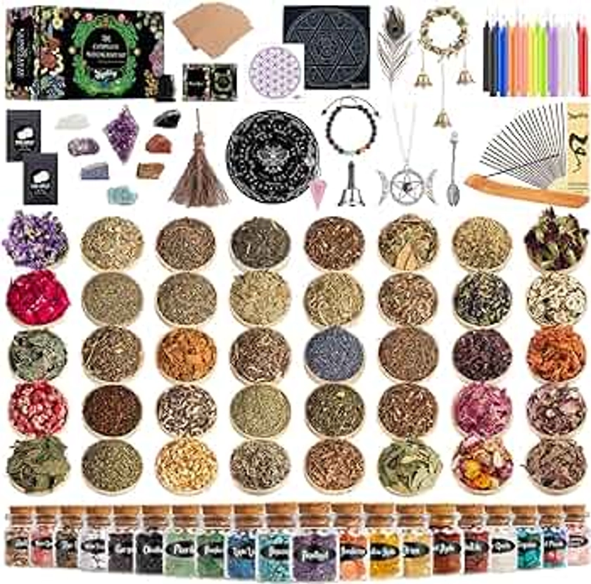Witchcraft Supplies Kit, 145Pack Wiccan Supplies and Tools Witchy Gifts for Beginners, Dried Herbs, Crystals, Candles, Green Witch Altar Starter Spell