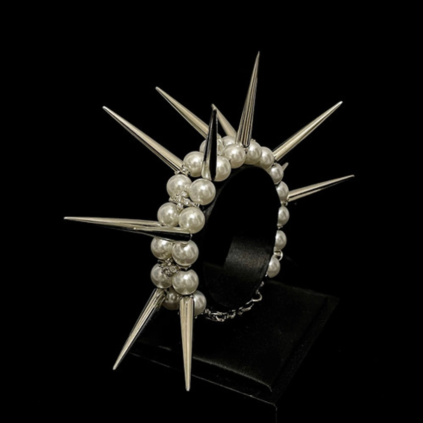 Heavy Romantic-rock Pearl long spikes bracelet | 666999acc