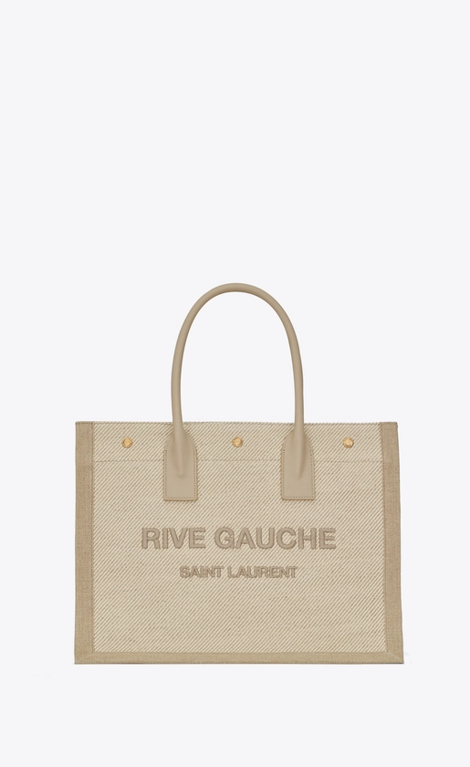 rive gauche small tote bag in linen and leather