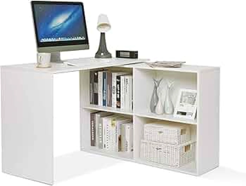 Mondeer L Shaped Desk, 360° Rotating Direction 106 x 106 x 75 cm Corner Desk, White Computer Workstation for Gaming Study Home Office Living Room