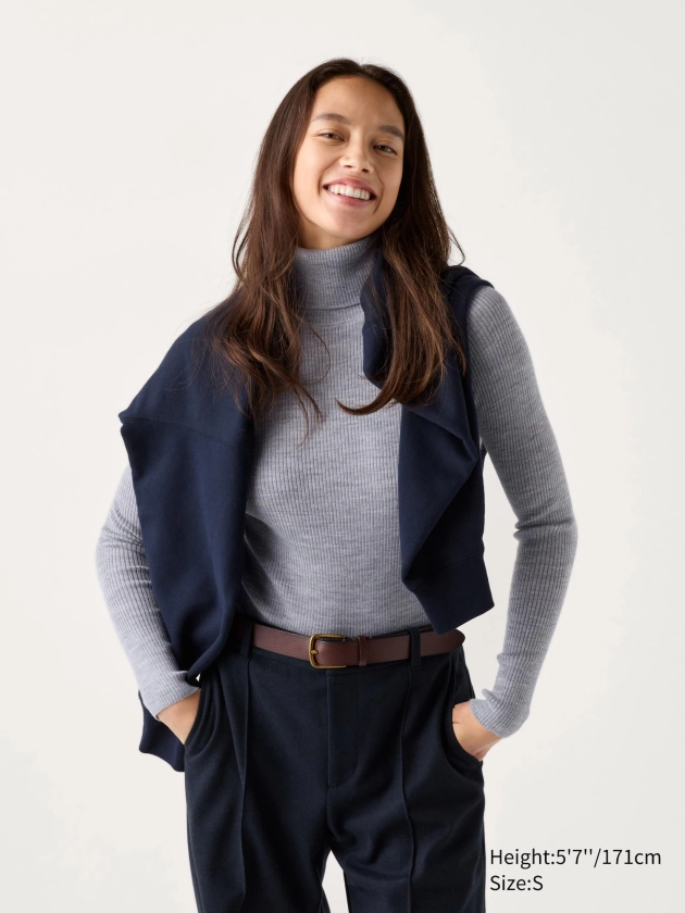 Women's Merino Ribbed Turtleneck Jumper | UNIQLO UK