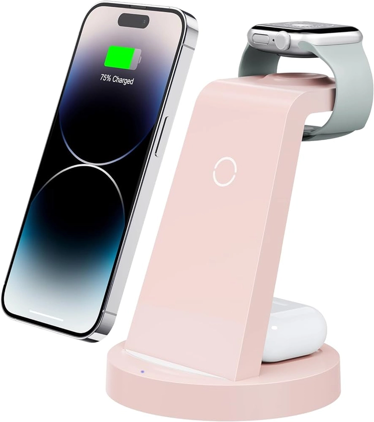 Anlmz 3 in 1 Charging Station for iPhone, Wireless Charger for iPhone 15 14 13 12 11 X Pro Max & Apple Watch - Charging Stand Dock for AirPods (Pink)
