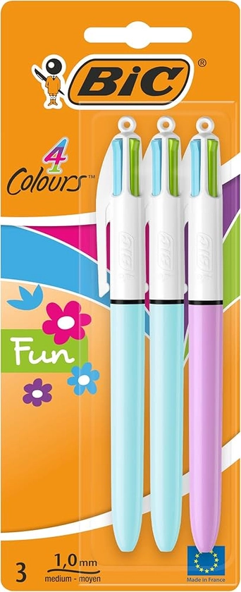 BIC 4 Colours Fun Retractable Ballpoint Pens with Four Ink Colours and Medium Point (1.0 mm), Pack of 3 : Amazon.co.uk: Stationery & Office Supplies