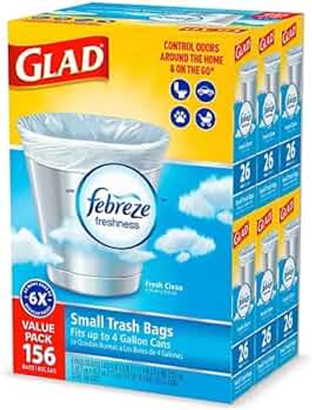 Glad OdorShield Bolsas de basura pequeñas – Febreze Fresh Clean – 4 galones – 26 unidades – Paquete de 6 (bolsas de basura pequeñas con lazo giratorio, aroma fresco y limpio (4 gal., 156 quilates))