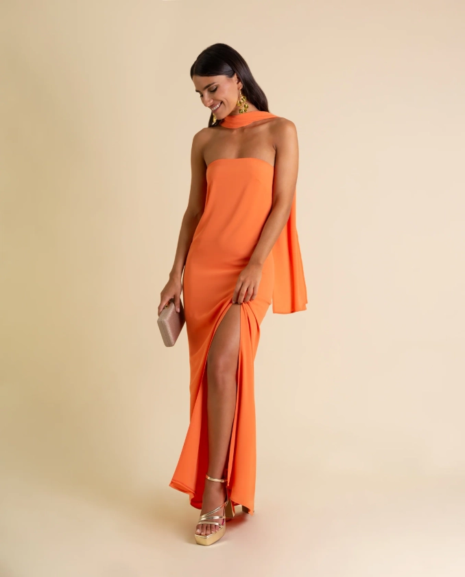 Orange Strapless Dress with Foulard | Guests THE-ARE