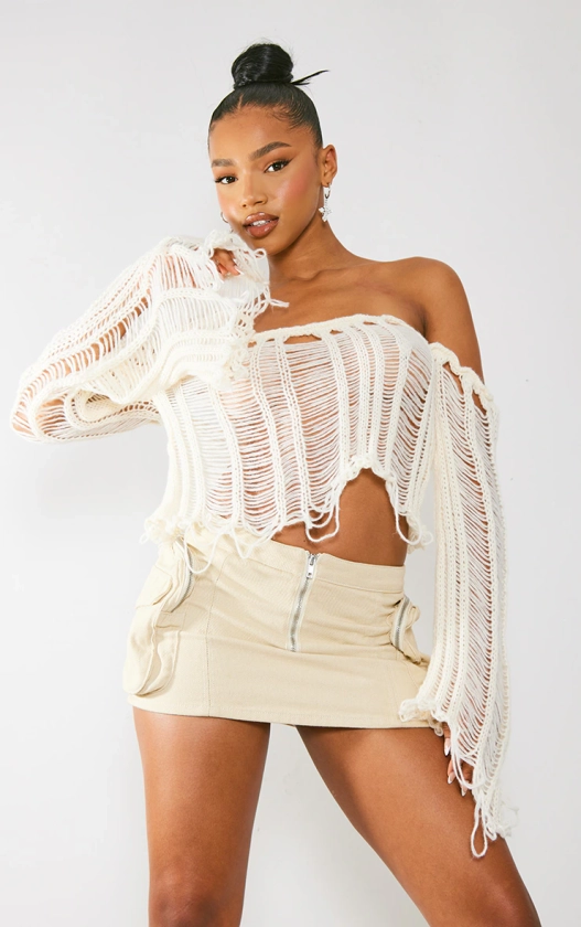 Cream Extreme Distressed Knit Ladder Top