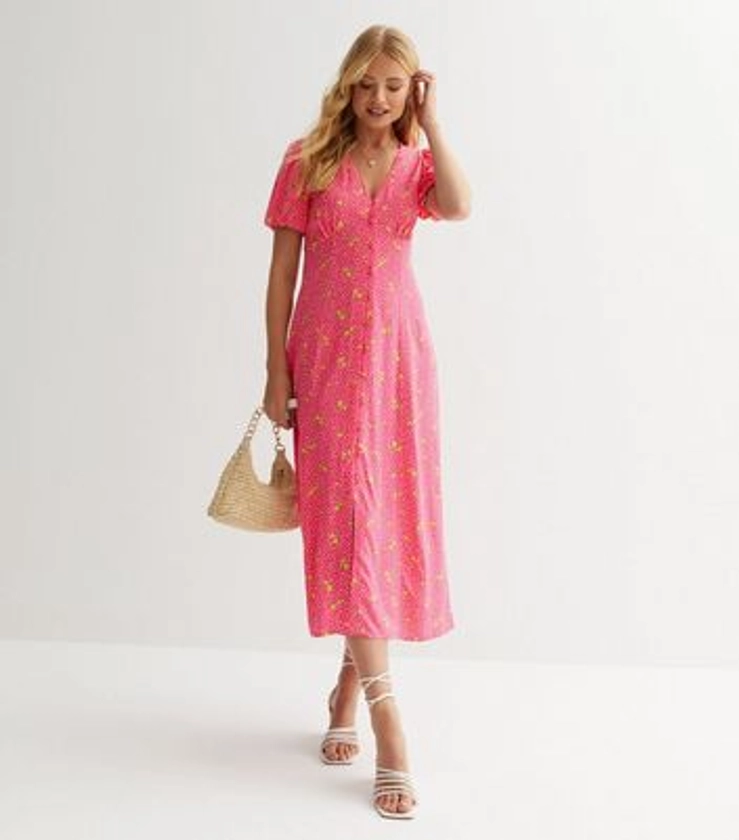 Pink Lemon Spot Puff Sleeve Midi Dress