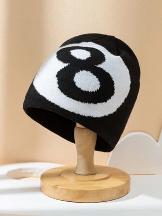 Street 1pc Ladies' Black & White Numeric '8' Simple & Fashionable Campus Style Warm Knitted Beanie Suitable For Daily Matching