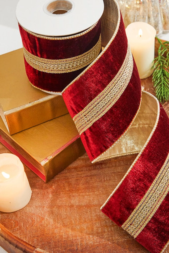 4” x 5 Yard Gold Braid Trim Velvet Gold Back Ribbon - Burgundy/Gold