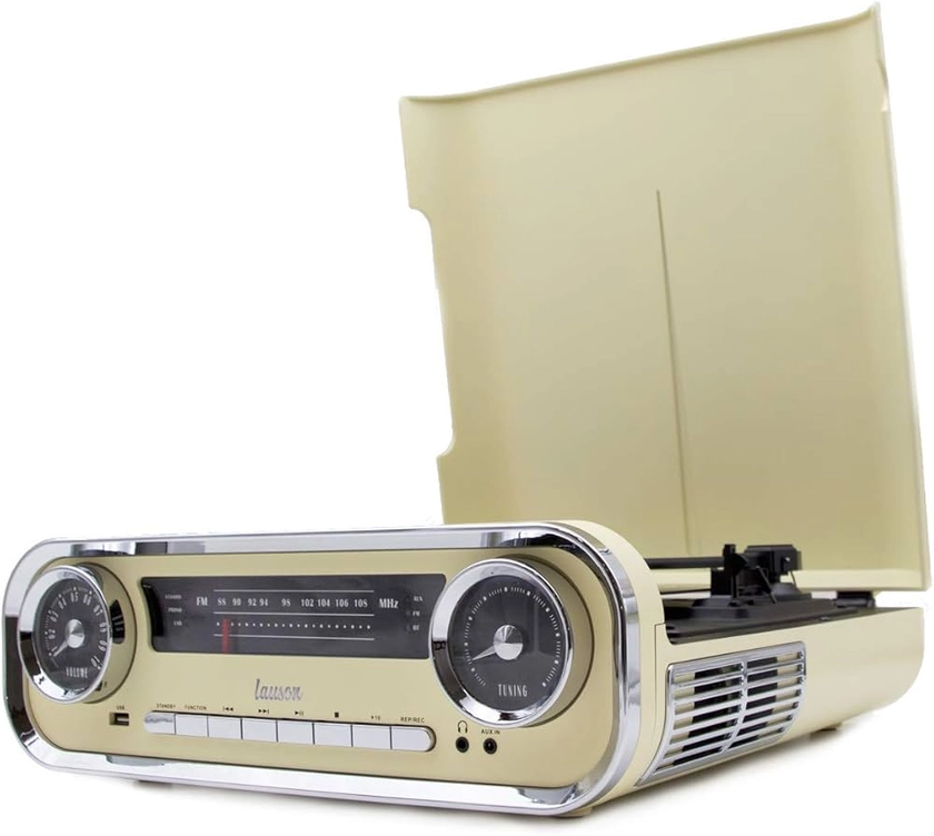 Lauson 01TT15 Tourne Disque Vinyle Bluetooth | Platine Vinyle Vintage Haut-Parleurs Stéréo Intégrés | Radio FM USB AUX et Encoding | Lecteur Vinyle 3 Vitesses 33, 45, 78 RPM (Beige)