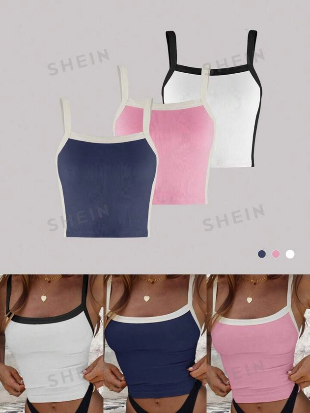 SHEIN Essnce 3pcs Women's Colorblock Tank Top | SHEIN USA