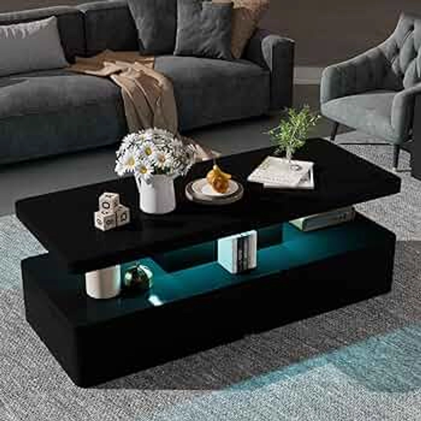 oneinmil Modern Stylish Coffee Table with 16 Colors LED Lights, Double-Layer Design for Living Room, Black
