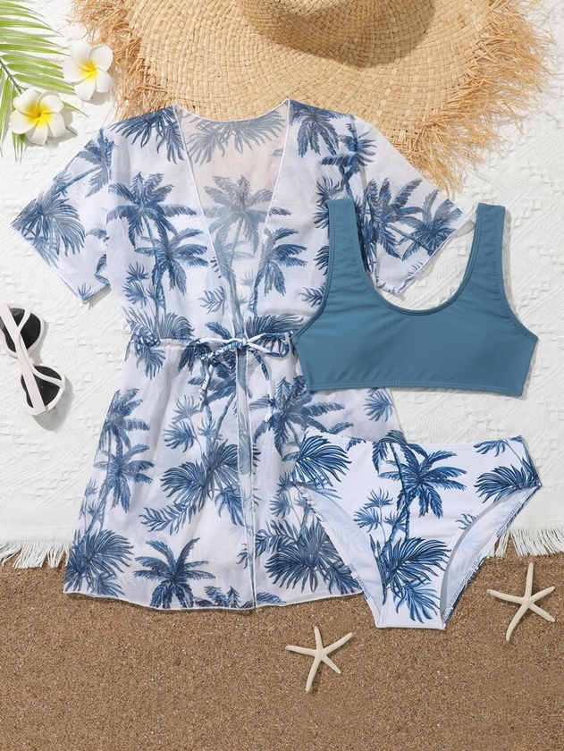 Tween Girl 3pack Tropical Print Bikini Swimsuit & Kimono