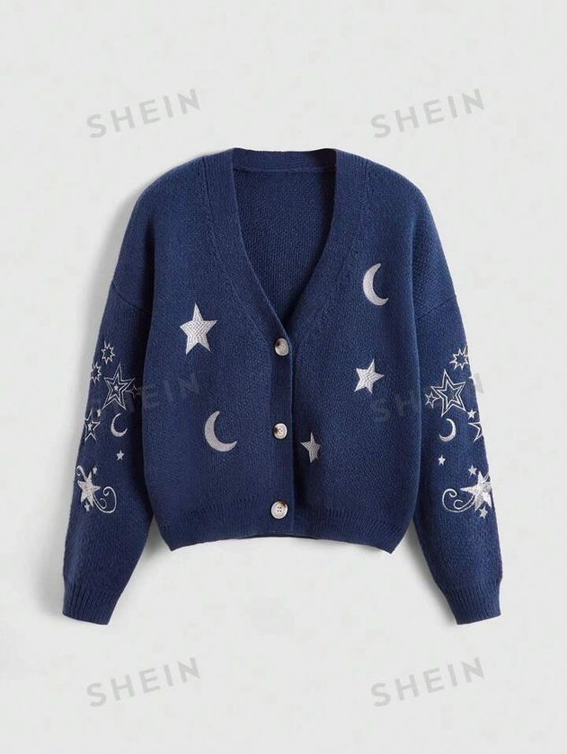 ROMWE Hippie Star & Moon Embroidery Drop Shoulder Cardigan