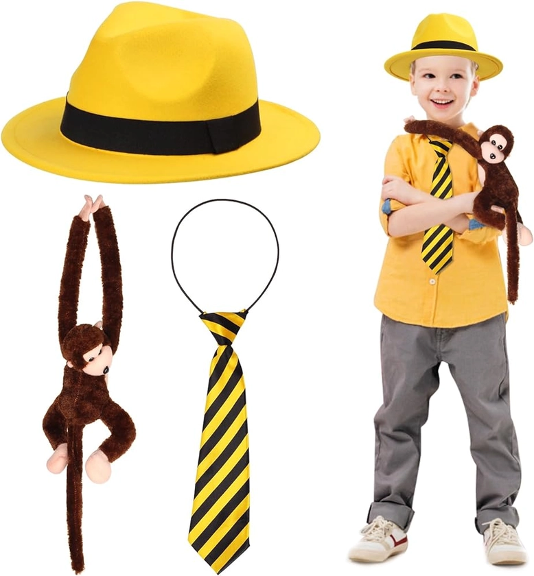 Amazon.com: Yewong 3 Pieces Kids Yellow Hat Costume Accessories Set Fedora Hat with Hanging Monkey Necktie for Birthday Halloween Party (Set A) : Toys & Games