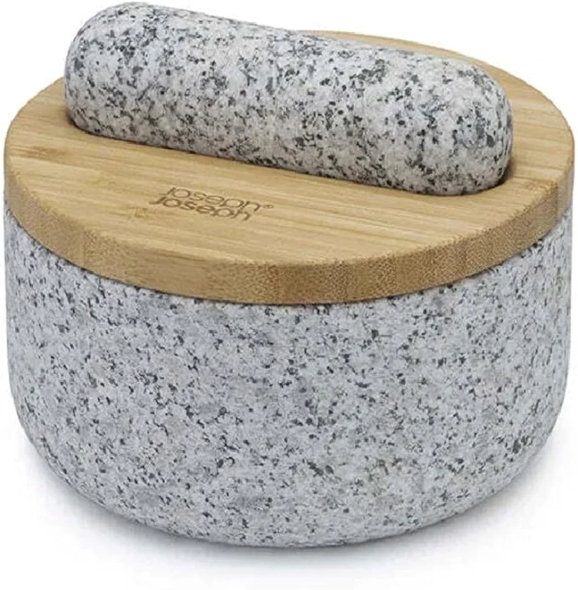 Joseph Joseph Dash Pestle and Mortar, Natural Granite with Bamboo lid, spice grinder and herb crusher