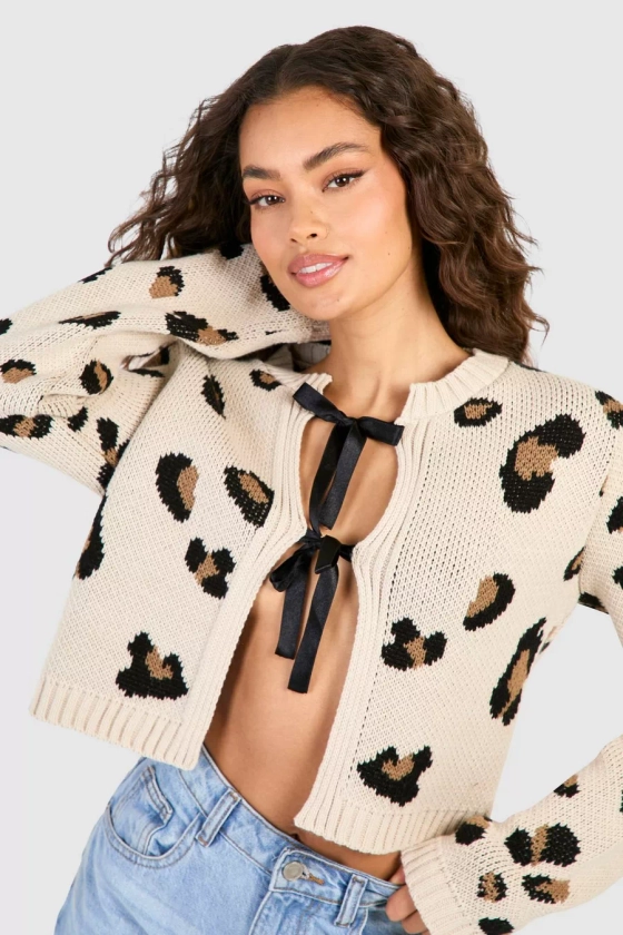 Leopard Print Knitted Bow Detail Cardigan