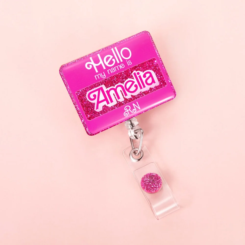 Personalised Hello My Name Is Acrylic Badge Reel Barbi Glitter ID Card Retractable Badge Clip Gift for Teacher Nurse Student Coworker - CALLIE