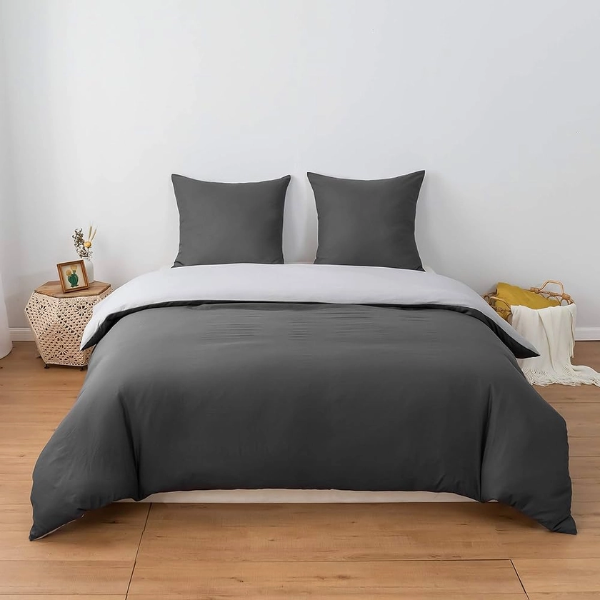 MOHAP Housse de Couette Réversible 220x240 / 65x65x2 cm Gris Foncé + Gris Claire Parure de Lit Bicolore pour 2 Personnes Fermeture Éclair Sets de Housse Couette