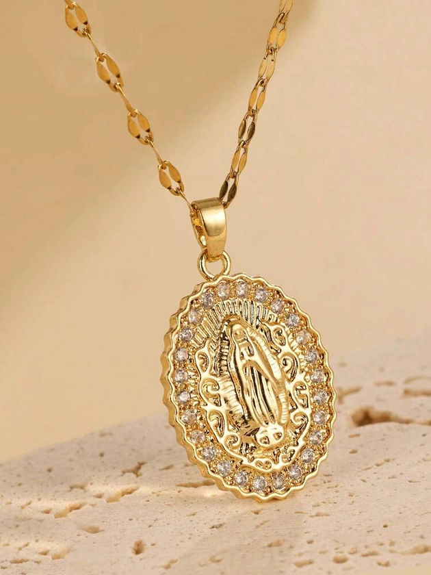 1 pieza Elegante collar con colgante de la Virgen María con circonita cúbica - Acero inoxidable con tono dorado, perfecto para uso diario y joyería de regalo para mujeres | Moda de Mujer | SHEIN México