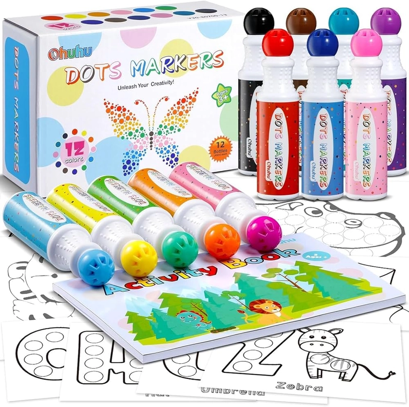 Feutres Coloriage Enfants, Ohuhu 12 Couleurs(40 ml) Marqueurs de Bingo avec 30 Pages Carnet d'activités Vierges - À base d'eau Non Toxique Feutre Lavable Enfant pour les Enfants 3 ans＋ Préscolaire