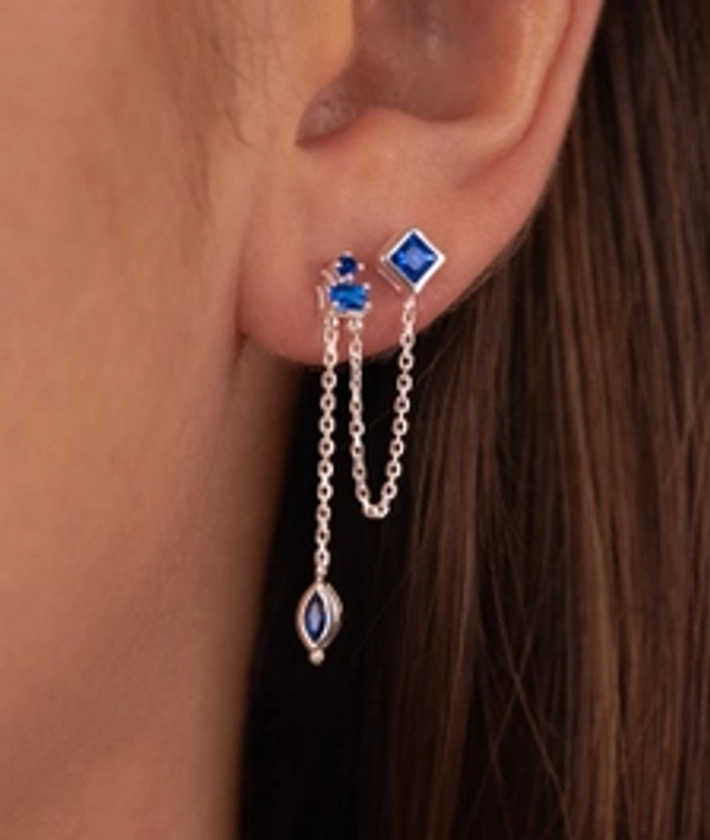 Boucle d'oreille double puces zircons bleus et chaîne [à l'unité] Argent 925