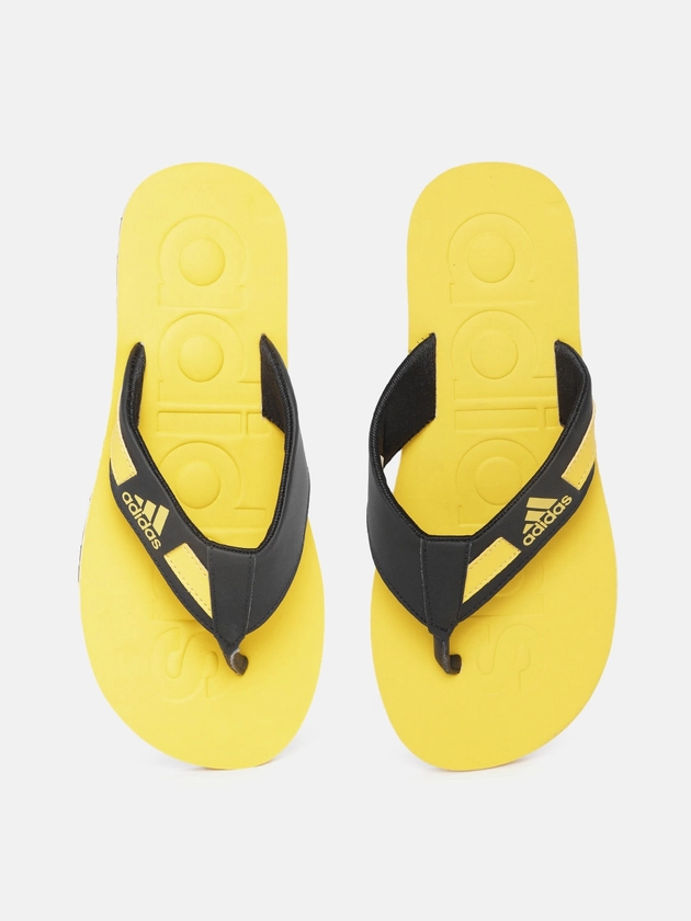 ADIDAS Men Black & Yellow Brand Logo Embossed Thong Flip-Flops