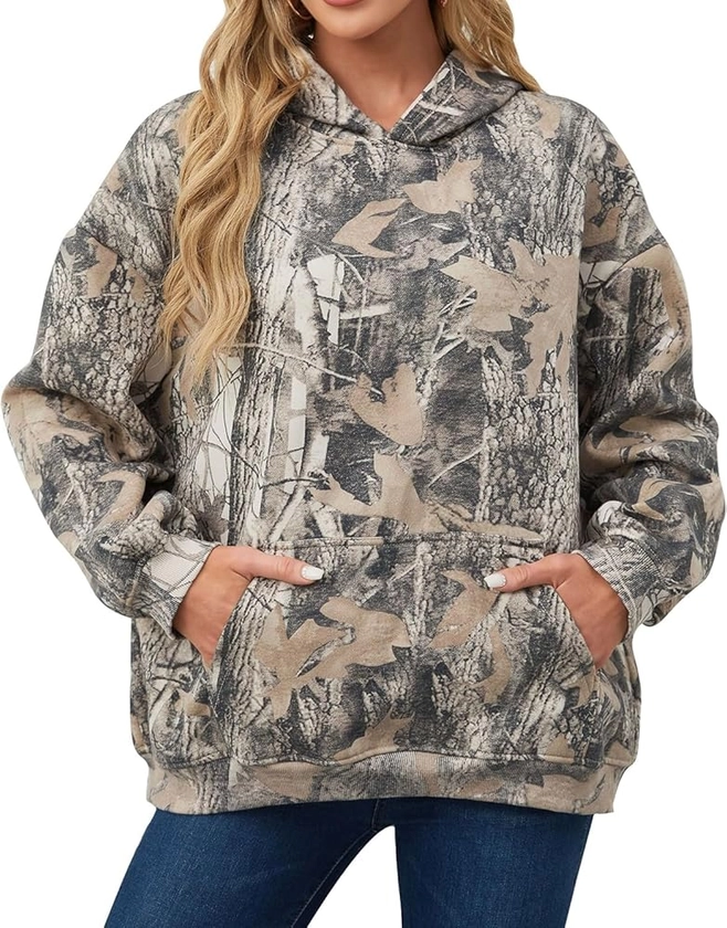 Women Oversized Fleece Camo Hoodies Maple Leaf Hooded Sweatshirt Casual Long Sleeve Fall Pullover Tops With Pockets