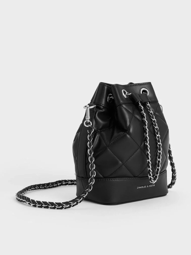 Noir Quilted Two-Way Bucket Bag | CHARLES & KEITH