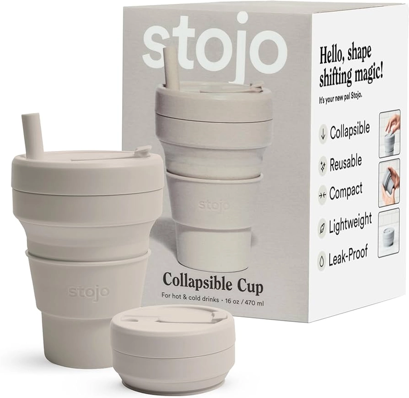 Amazon.com: STOJO Collapsible Travel Cup With Straw - Oat, 16oz / 470ml - Reusable To-Go Pocket Size Silicone Cup for Hot and Cold Drinks - Perfect for Camping and Hiking - Microwave & Dishwasher Safe : Sports & Outdoors