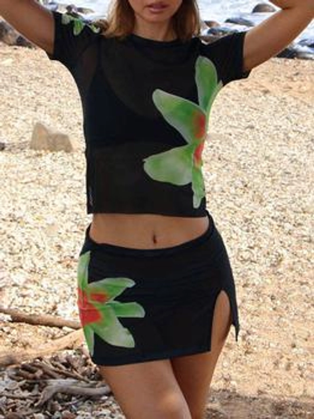 Mesh Flower Print Short Sleeve Tee & Slit Mini Skirt Set