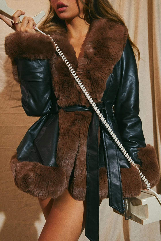 Faux Fur Patchwork Long Sleeve Tie Up PU Leather Coat-Black