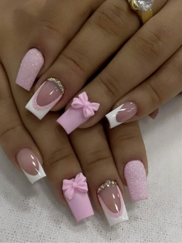 24pcs Square Shaped Sparkly Pink French Manicure 3D Nail Art With Rhinestones, Including 1pc Nail File And 1pc Jelly Gel | SHEIN UK