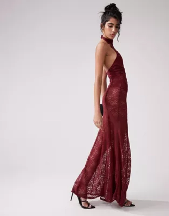 ASOS DESIGN halterneck panelled sheer lace maxi dress in burgundy | ASOS