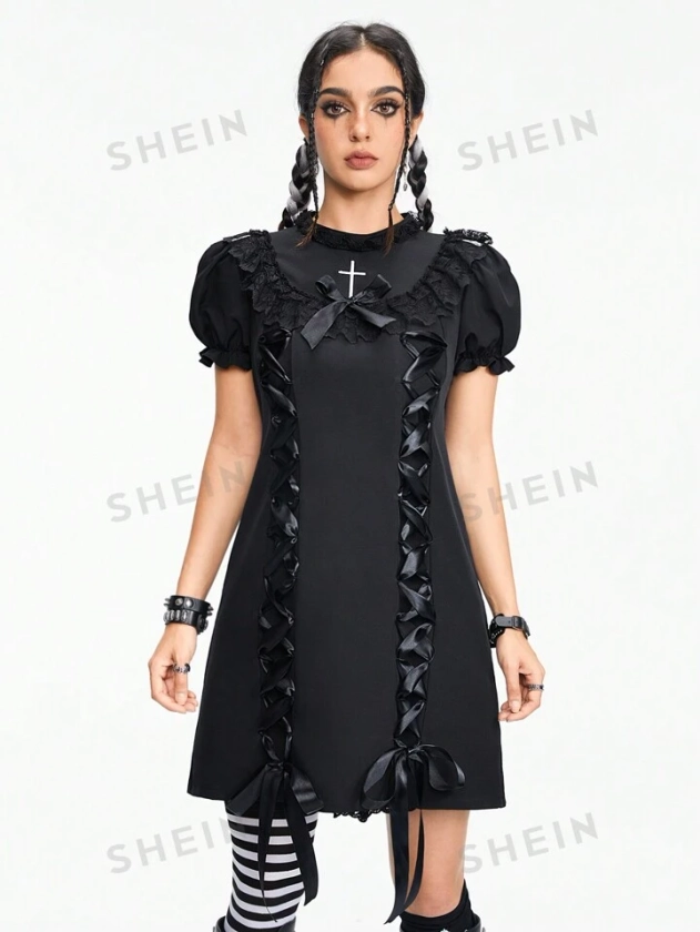ROMWE Goth Vestido gótico Lolita cruzado bordado con lazo de cinta para mujeres