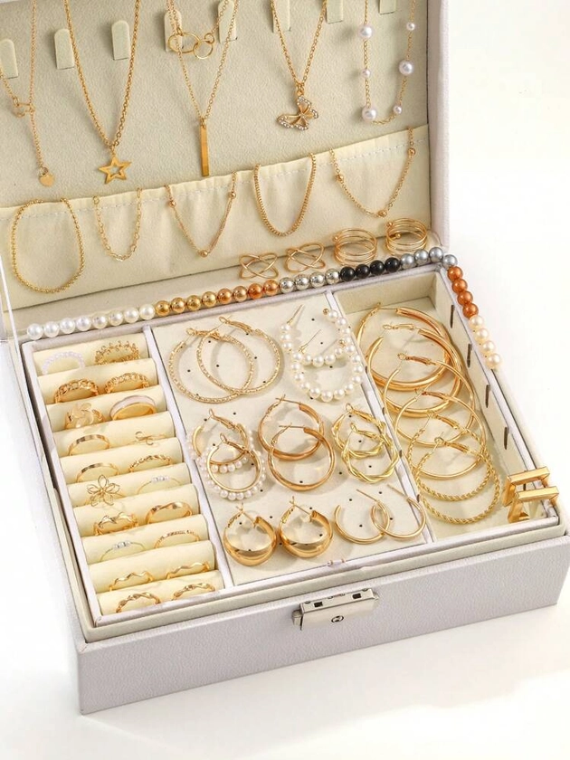 92pcs Vintage Punk Style Jewelry Set For Women, Includes Earrings, Ear Studs And Multi-Element Necklaces, Suitable For Daily Wear, Vacation And Party (No Box)