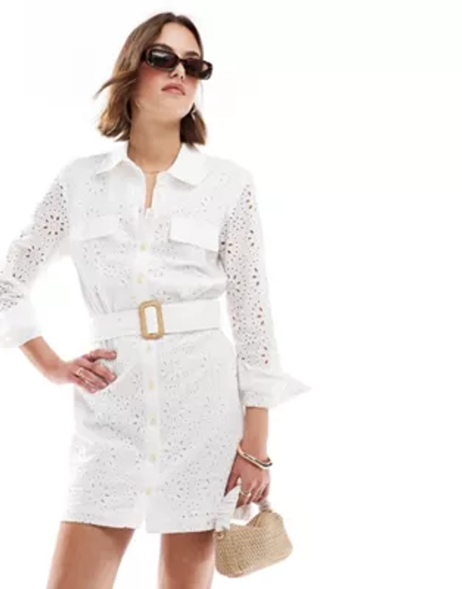 Mango crochet detail shirt mini dress in white | ASOS