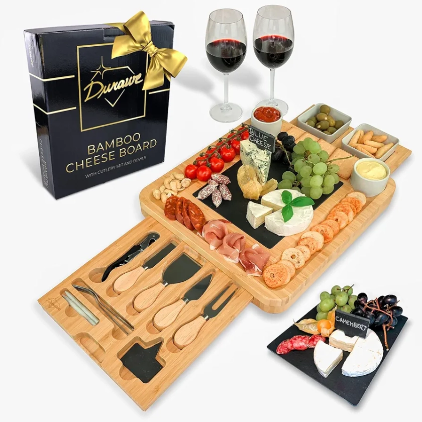 Set Tabla de Queso de Bambú y Cuchillos, Cuencos de Cerámica y Abrebotellas – Bandeja Queso 100% Madera Orgánica, Tabla Charcutería