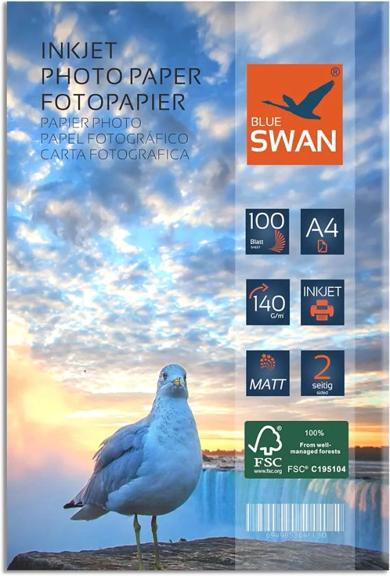 BLUE SWAN 100 feuilles papier photo mat A4, imprimable recto-verso 140g/m2, haute brillance des couleurs (100 feuilles mat A4)