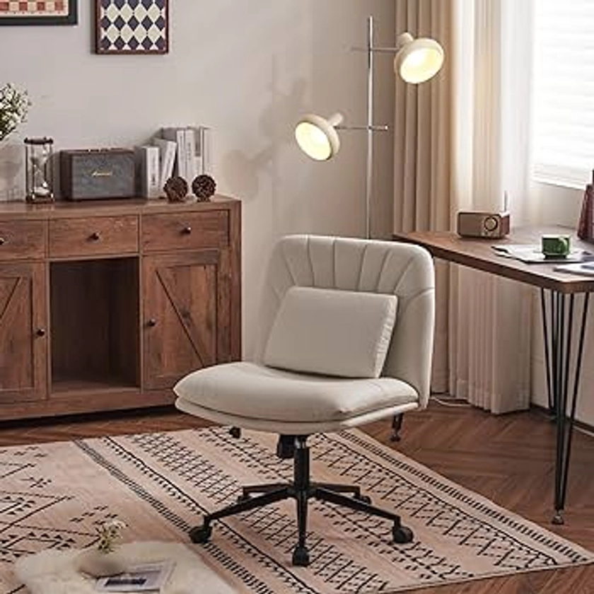 Criss Cross Desk Chair, Armless Home Office Desk Chairs Height Adjustable,Pu Leather Cross Legged Office Chair, Wide Swivel Vanity Task Chair with Lumbar Cushion for Home & Office