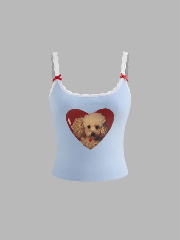 Knit Fabric Cotton-blend Scoop Neckline Dog Heart Graphic Bowknot Lace Trim Cami Top For School Holiday