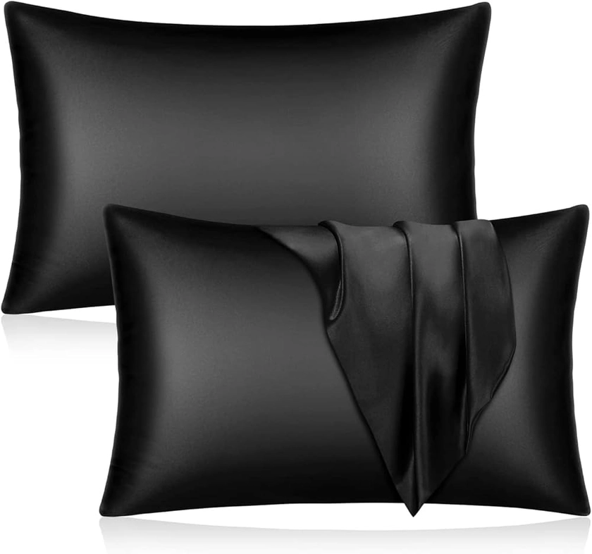 Mulberry Satin Silk Pillowcase for Hair and Skin - Soft Breathable Smooth Both Sided Silk Pillow Cover Pair - Standard Size 50x75cm, 2pc (Black Pillow)
