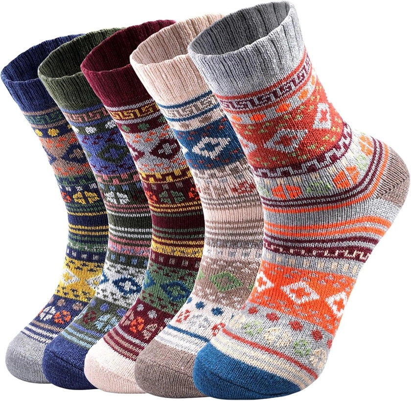 5 Pairs Wool Socks - Wool Socks for Women, Cozy Crew Socks, Warm Winter Socks for Women, Womens Vintage Socks, 6-10