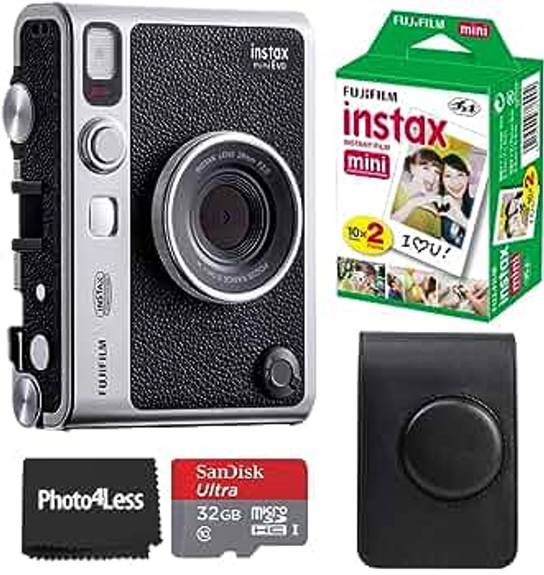 Fujifilm Instax Mini EVO Hybrid Instant Camera Black Bundle with Instax Mini Instant Film 20 Sheets, 32GB microSD Card, Vintage Style Black Camera Case, Bundle