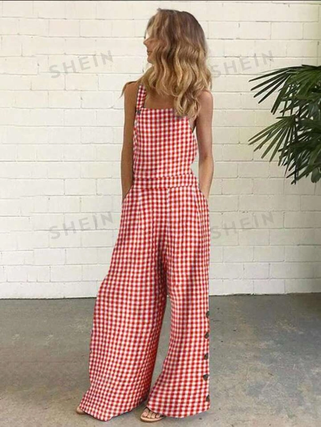 SHEIN Frenchy Women's Summer Checked Print Wide Leg Loose Jumpsuit With Suspenders For Casual Wear | SHEIN USA