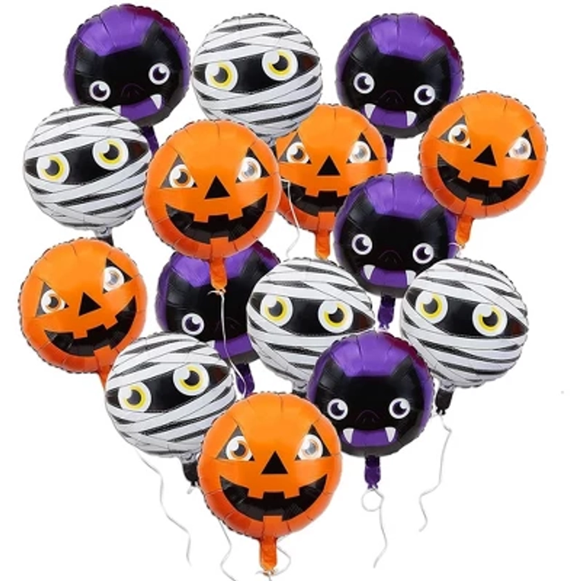 Spooky Central 15 Pieces Halloween Foil Balloons, Pumpkin, Mummy, and Bat (13 x 8 Inches)